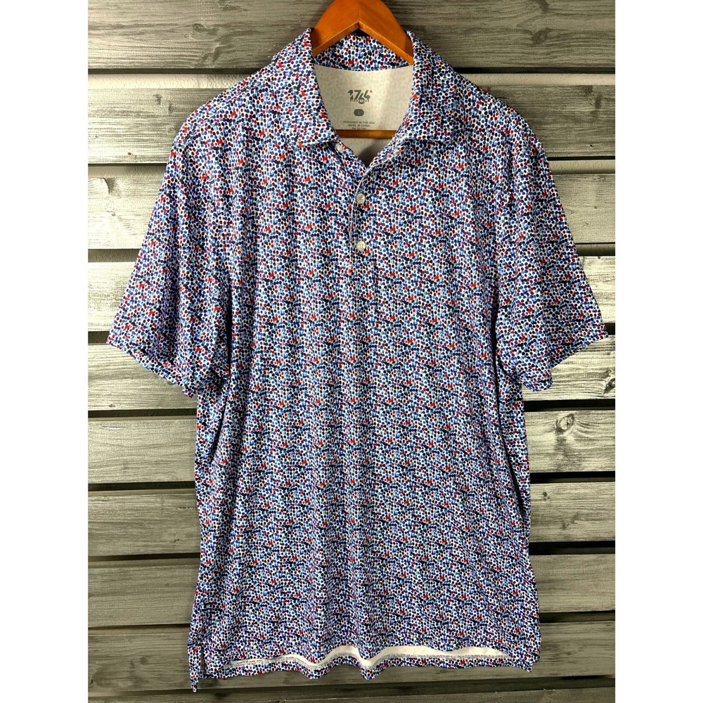 1744 Signature Mens Large Polo Shirt Red White Blue Dotted Golf Performance